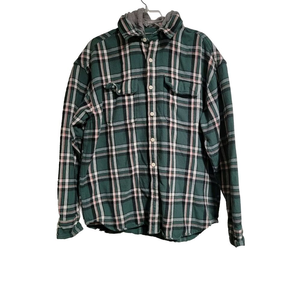 American Eagle Multicolor Plaid Long Sleeve Button Down Hoodie Flannel Sz Large